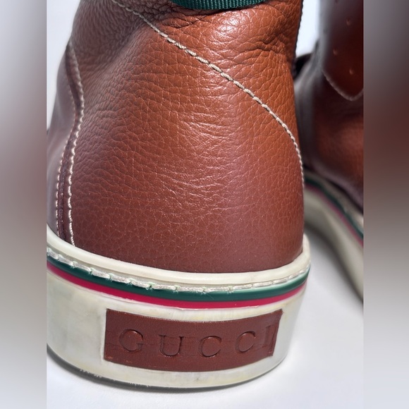 GUCCI Monogram Canvas Web GG Brown Leather High Top Men’s Sneaker Strap Size 12 - Picture 8 of 17